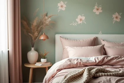 Chambre adulte cocooning avec papier peint vert sauge à motifs botaniques et literie en tons doux rosés et crème