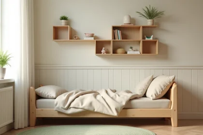Chambre d'enfant éco-responsable avec étagères modulables en bois naturel, tapis en laine et literie en coton bio