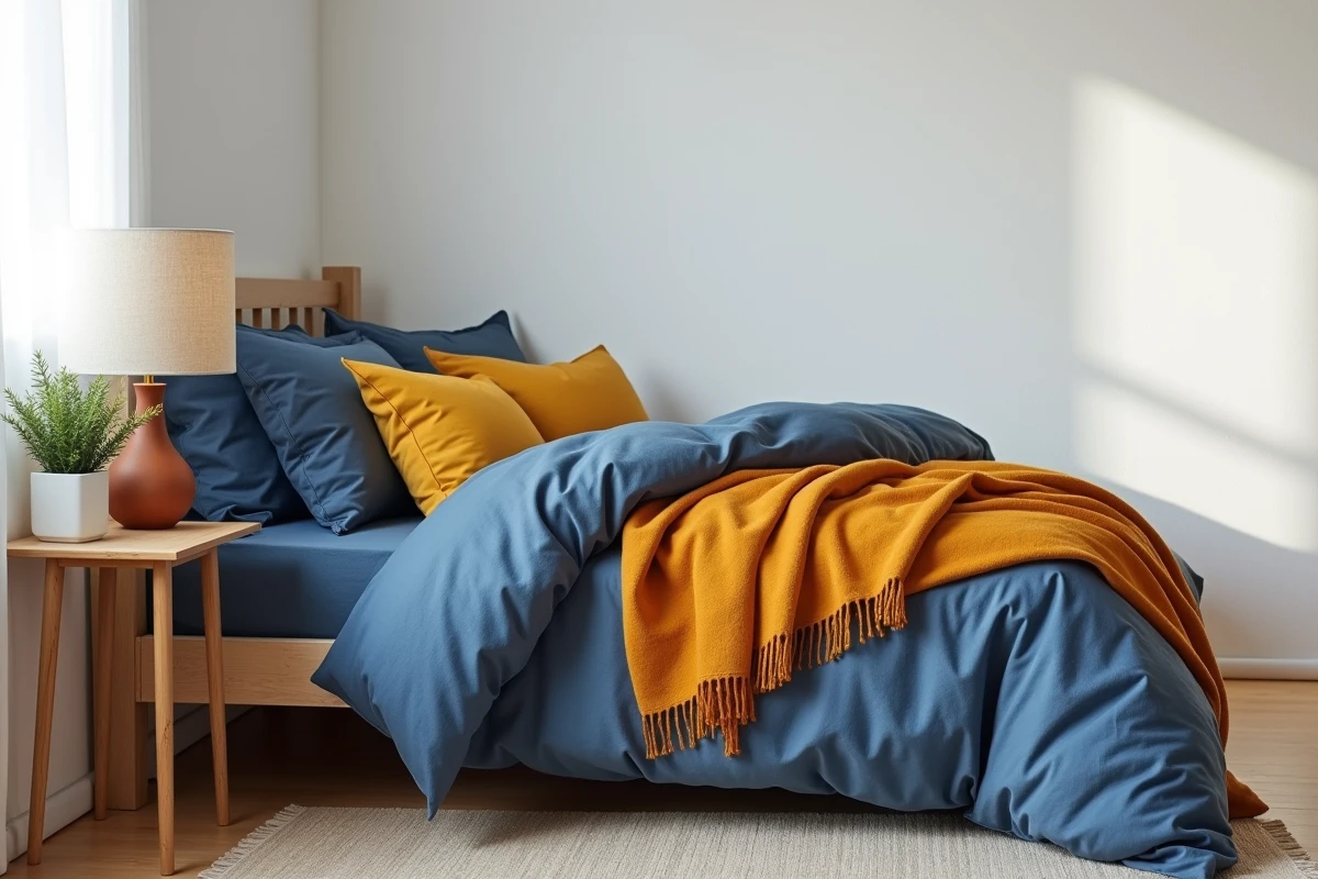 Petite chambre décorée en bleu ardoise et jaune moutarde montrant l'harmonie des couleurs complémentaires dans un espace réduit