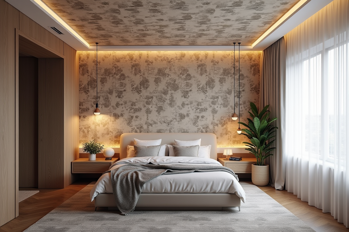 Chambre moderne avec plafond à motif et décoration créative