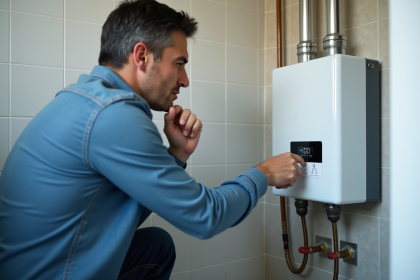 Homme moyenâgeux examine un chauffe-eau électrique dans une pièce propre