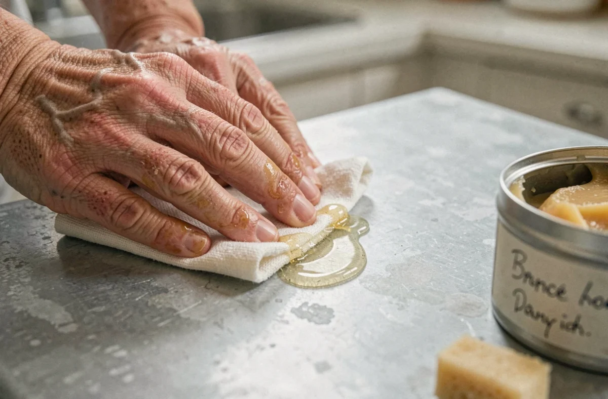 Application de cire d'abeille alimentaire sur zinc avec finition protectrice pour cuisine