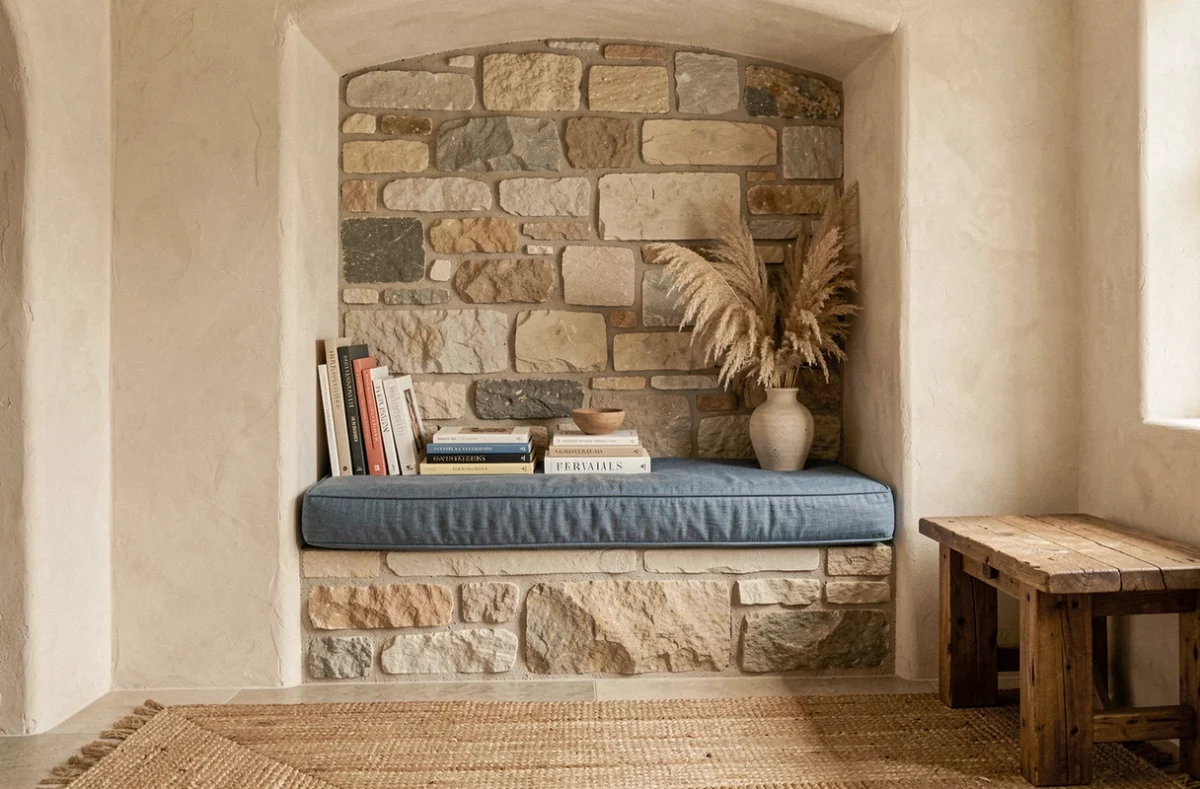 Coin lecture aménagé dans une alcôve en pierre avec banquette en lin bleu et vase en céramique, réalisé par Claire Troadec