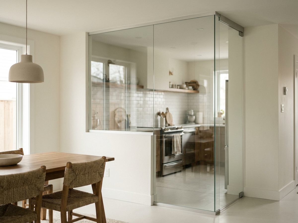 Cloison vitrée simple et minimaliste séparant une salle à manger et une cuisine dans une maison contemporaine épurée