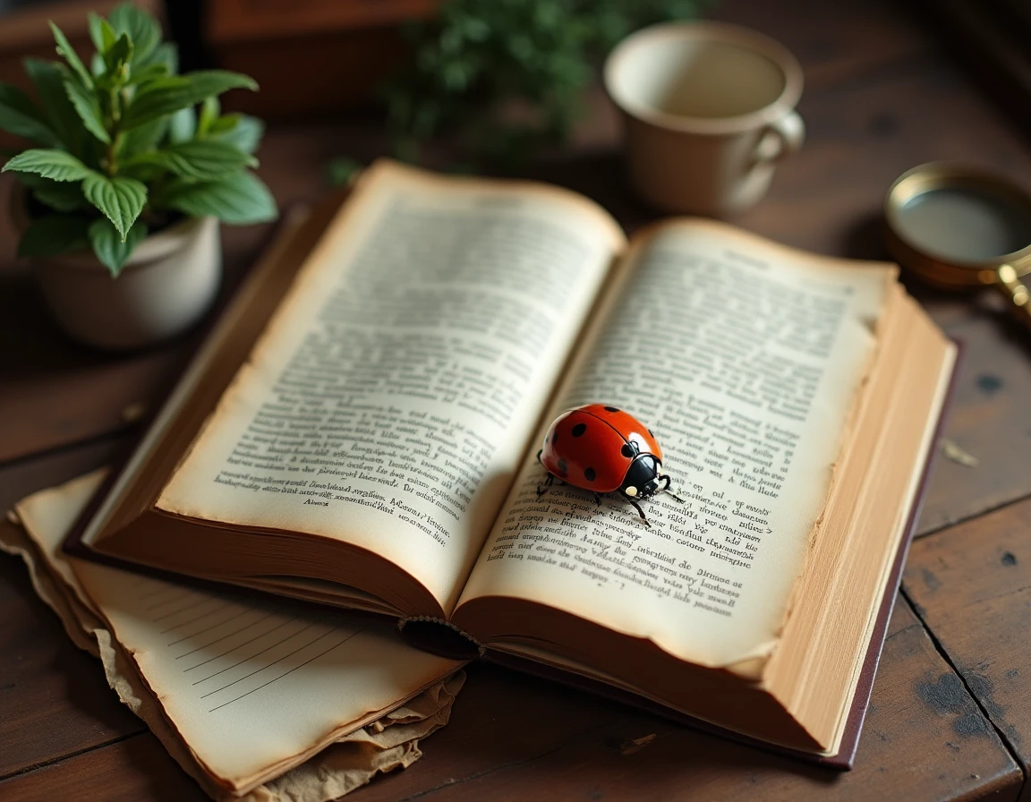 Coccinelle posée sur un livre ouvert avec notes manuscrites sur une table en bois, symbolisme et erreurs d'interprétation