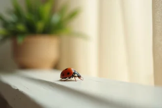 Coccinelle rouge posée sur le rebord d'une fenêtre blanche à l'intérieur d'une maison, gros plan macro réaliste