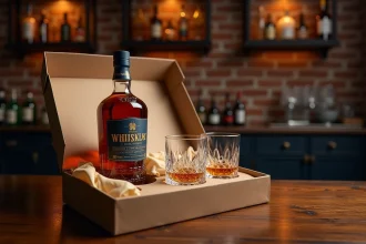 Coffret cadeau whisky avec bouteille ambrée et deux verres en cristal posés sur une table en noyer sombre