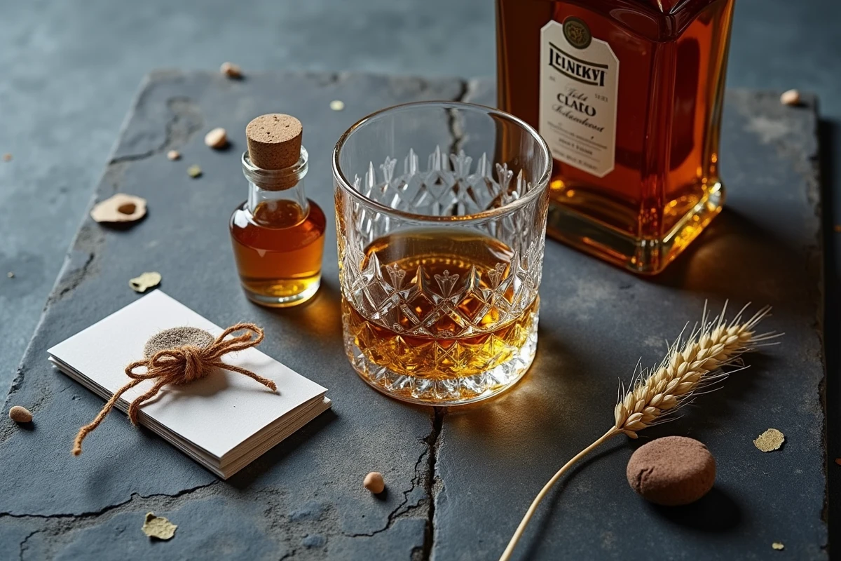 Vue de dessus d'un coffret whisky ouvert avec verre gravé, bouteille miniature et accessoires sur surface en ardoise