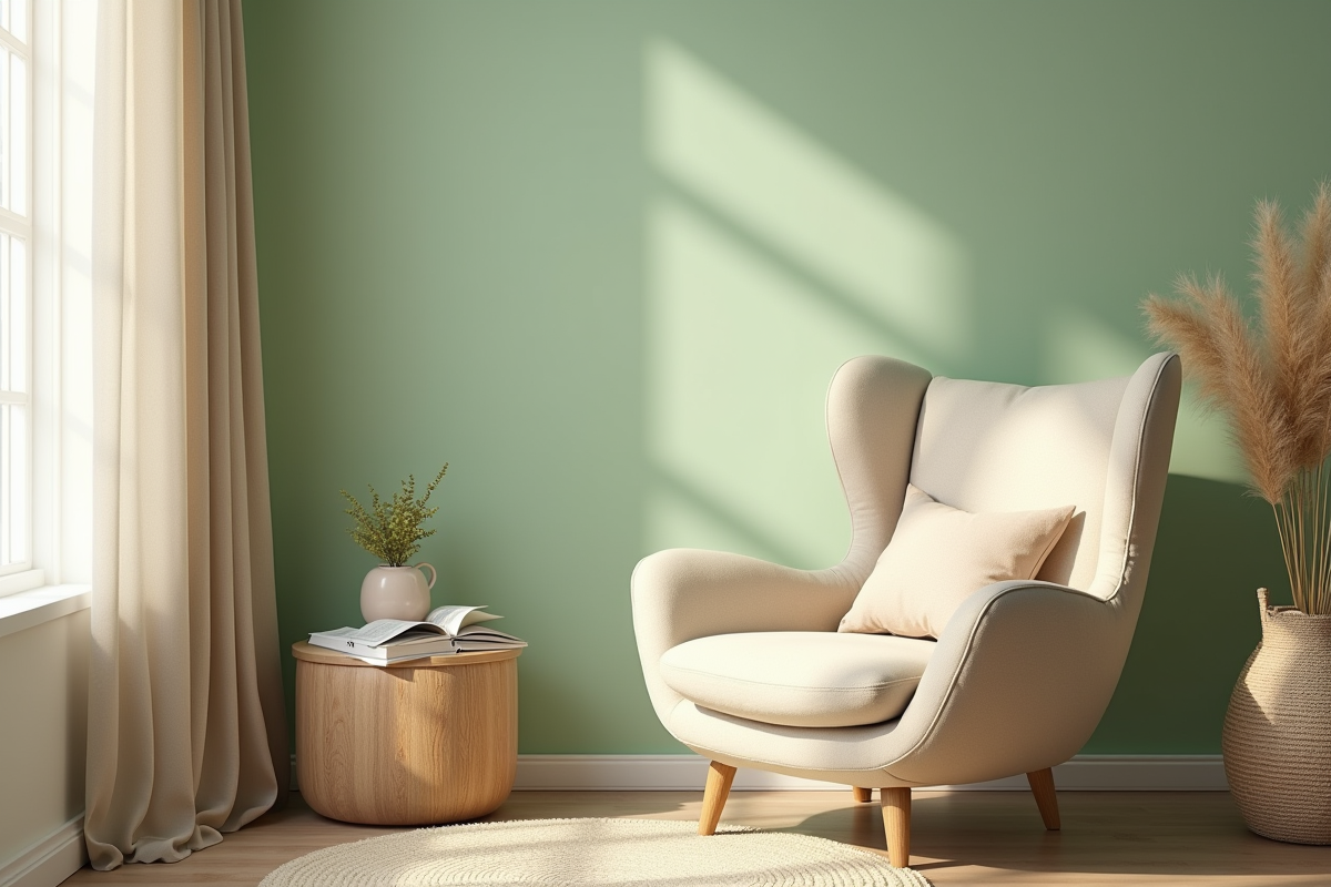 Coin lecture cosy avec fauteuil crème et murs verts pastel