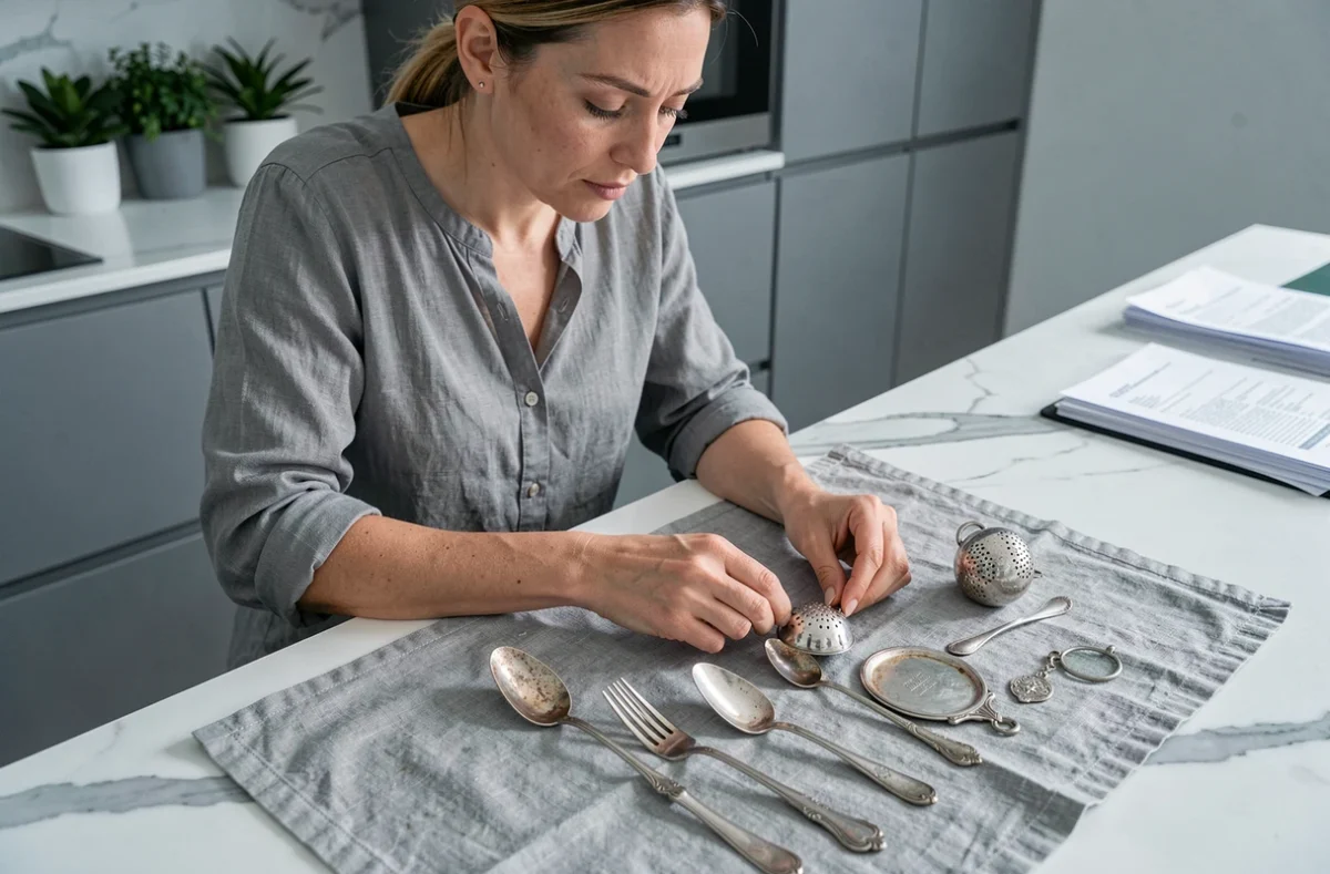 Femme évaluant une collection d'objets en argent poinçonnés posés sur un tissu de lin gris
