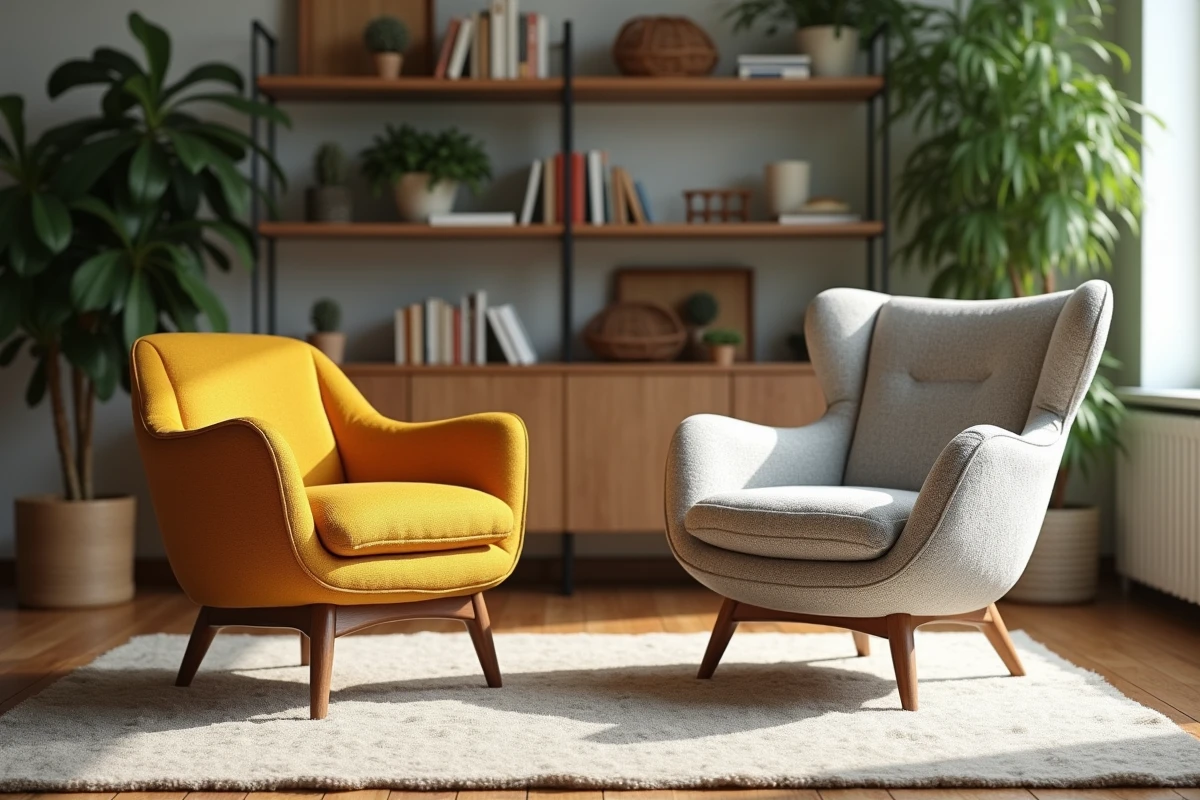 Comparaison entre une chaise vintage scandinave en teck et une chaise moderne en bouclé gris dans un salon de style transitionnel