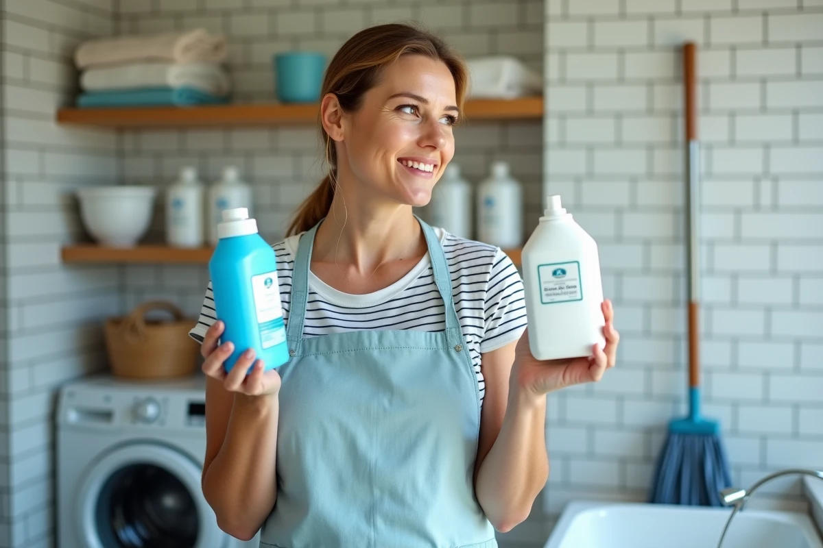 Femme comparant un produit chloré pour piscine et de la javel ménagère dans une buanderie
