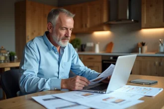 Homme consultant des devis de travaux en ligne et sur papier à la maison pour comparer les prix