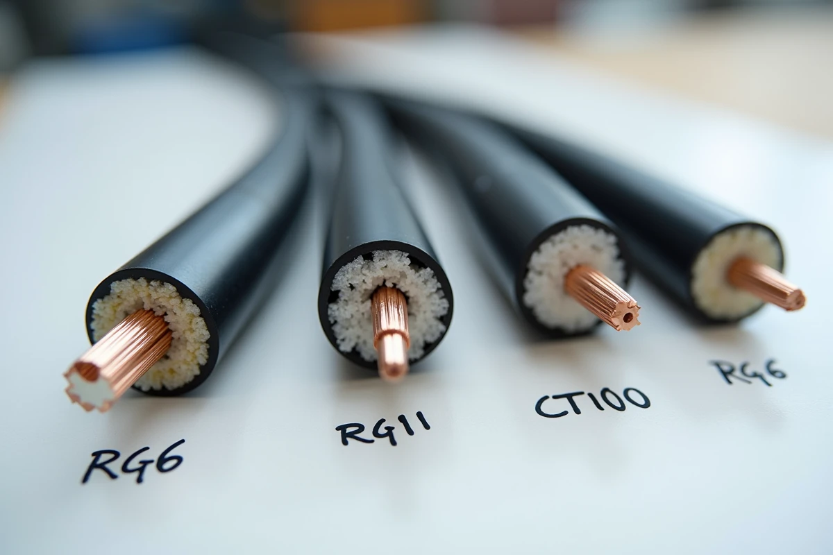 Comparaison de différents types de câbles coaxiaux pour antenne TV coupés en section sur un établi