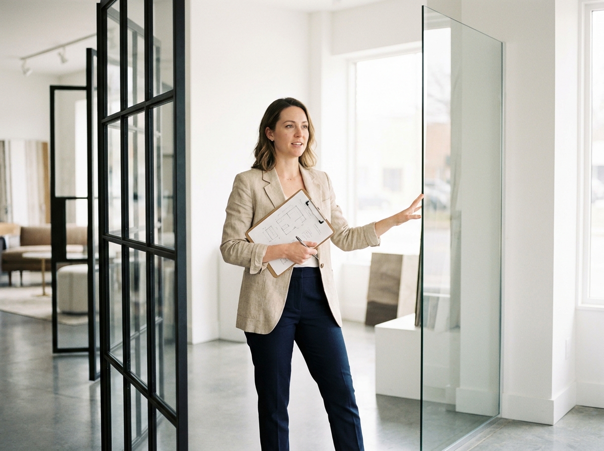 Designer d'intérieur comparant une verrière atelier et une cloison vitrée simple dans un showroom professionnel