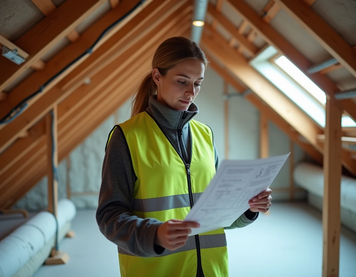 Conseillère en rénovation énergétique examinant un plan technique dans un grenier en cours d'isolation avec câblage électrique apparent