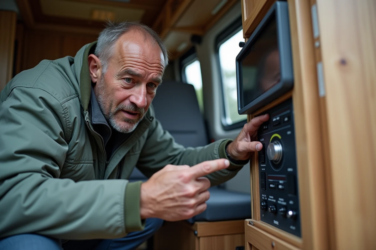 Homme examinant le panneau de contrôle Truma CP Plus dans un van