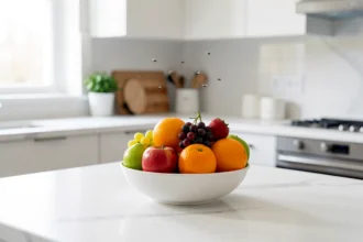Corbeille de fruits mûrs sur un plan de travail de cuisine lumineux