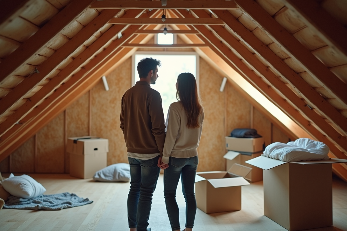 Jeune couple dans un grenier discutant des réparations de toiture