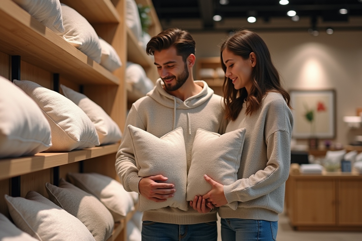 Jeune couple choisissant des coussins dans un magasin de décoration