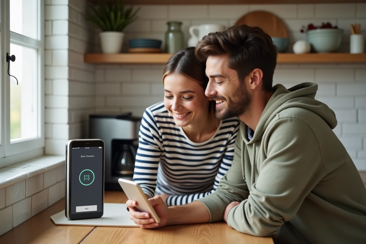 Couple configurant ensemble un cadre photo connecté via une application mobile dans une cuisine moderne