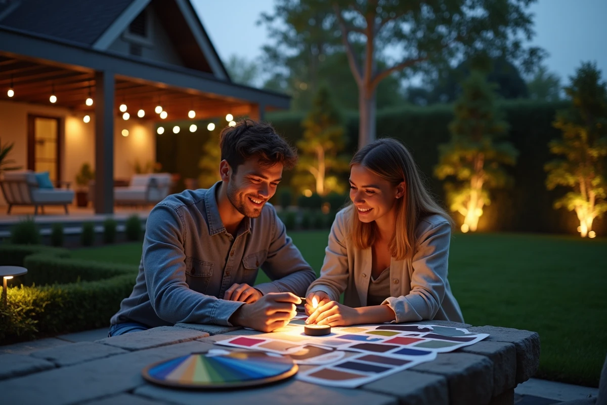 Jeune couple choisissant des échantillons de lumières de jardin au crépuscule