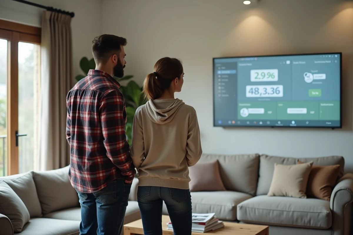 Couple évaluant le tableau de bord énergétique d'un système domotique Ancronix dans leur salon