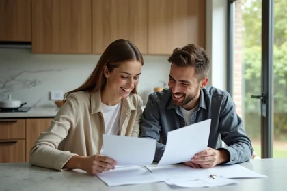 Jeune couple en cuisine examinant des documents immobiliers
