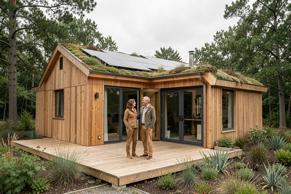 Couple devant une maison modulaire préfabriquée en bois avec toit végétalisé et panneaux solaires