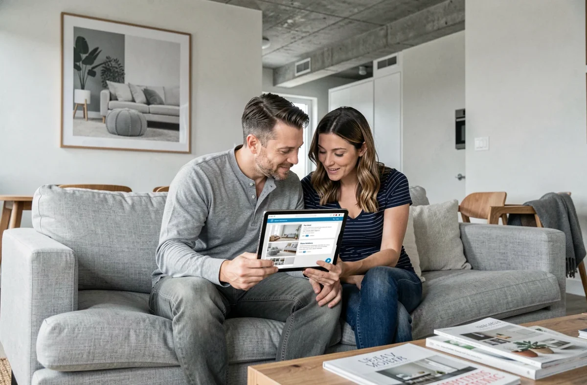 Couple consultant ensemble un quiz de style déco intérieure sur une tablette dans un salon contemporain