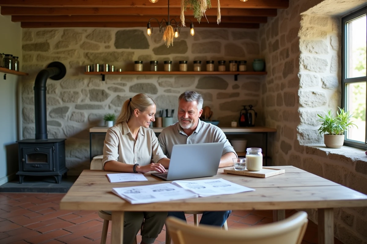 Couple consultant des documents de rénovation énergétique dans une cuisine de ferme rénovée avec matériaux durables