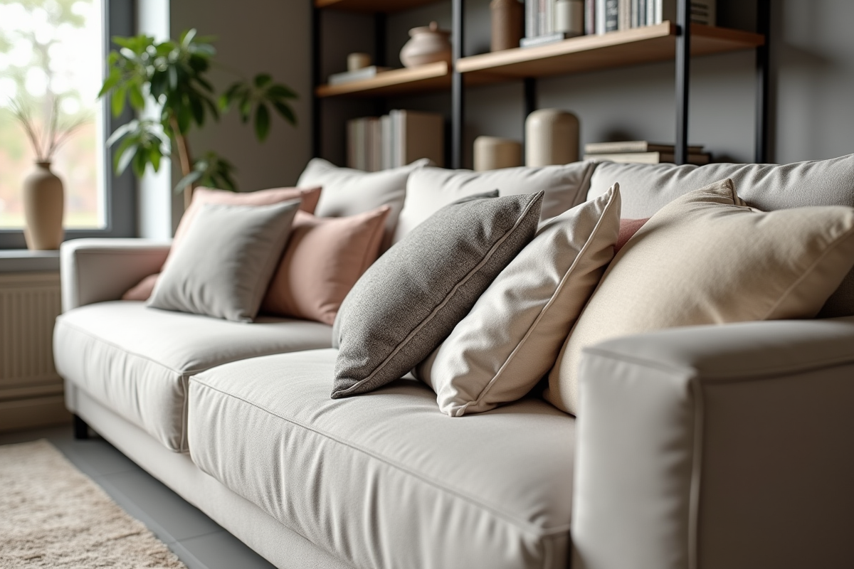 Coussins décoratifs dans un salon scandinave chaleureux