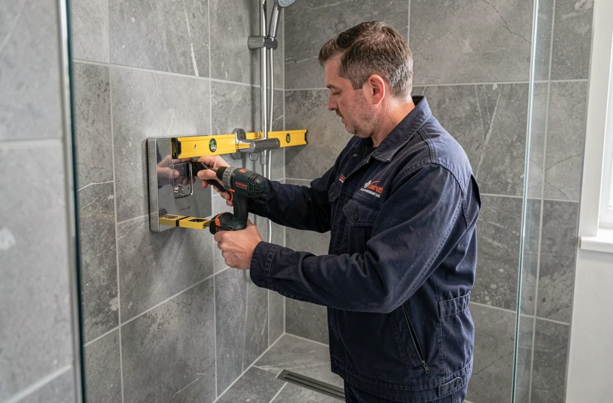 Technicien sanitaire installant un panneau de douche thermostatique dans une salle de bain en Loire-Atlantique