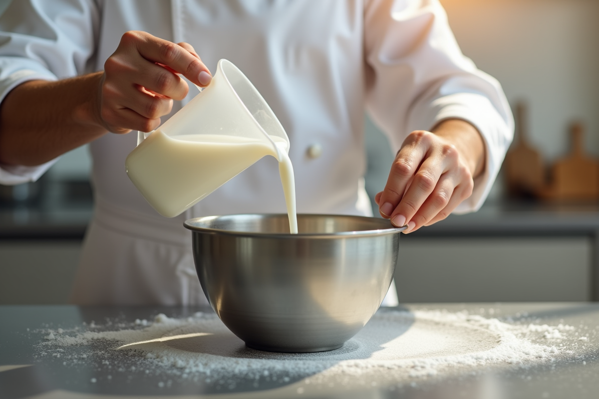 Cuisinier versant du lait dans un bol en metal