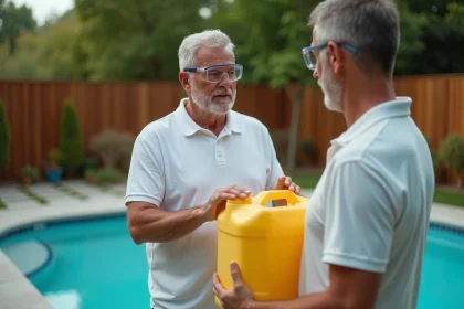 Homme lisant l'étiquette d'un bidon de javel pour piscine au bord d'une piscine résidentielle