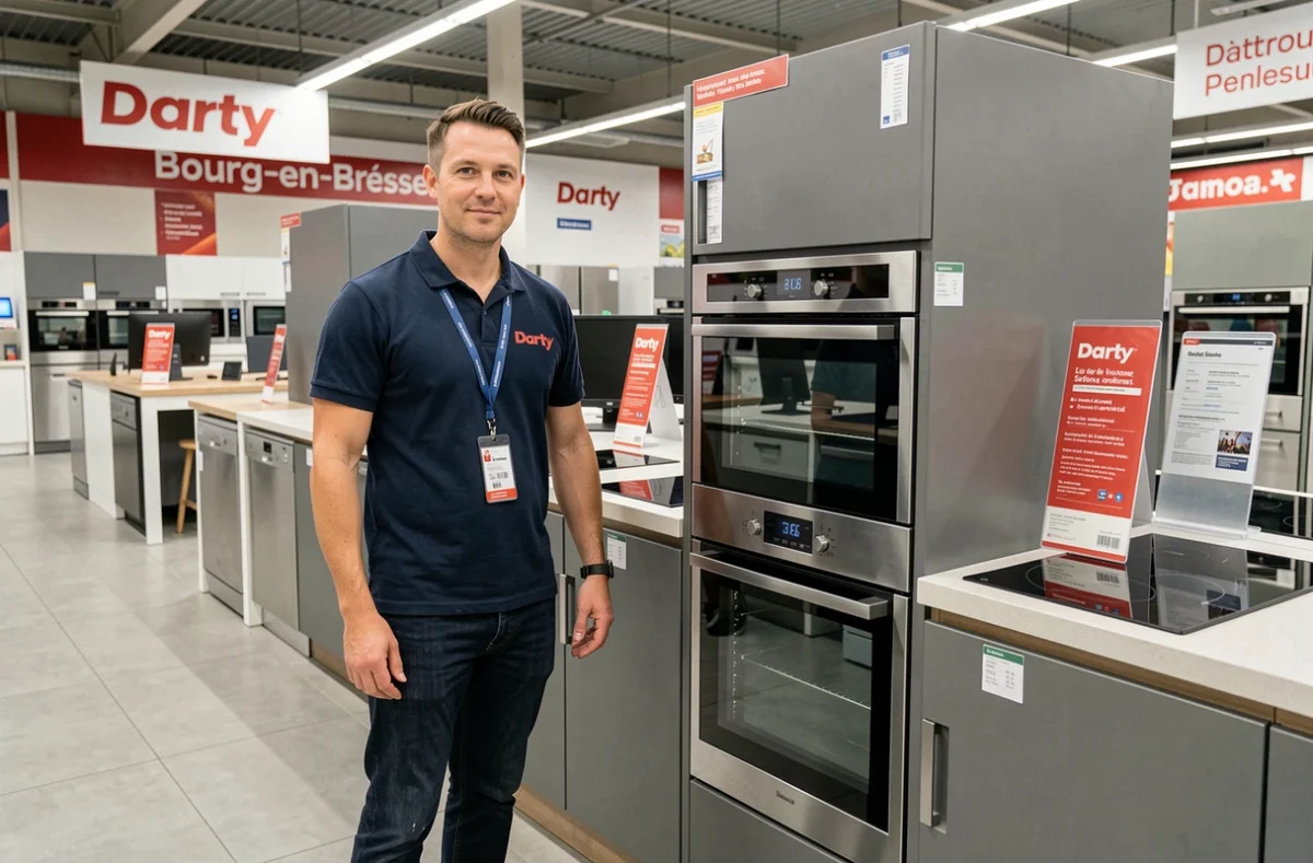 Vendeur Darty présentant des appareils électroménagers intégrés dans la section cuisine du magasin de Bourg-en-Bresse