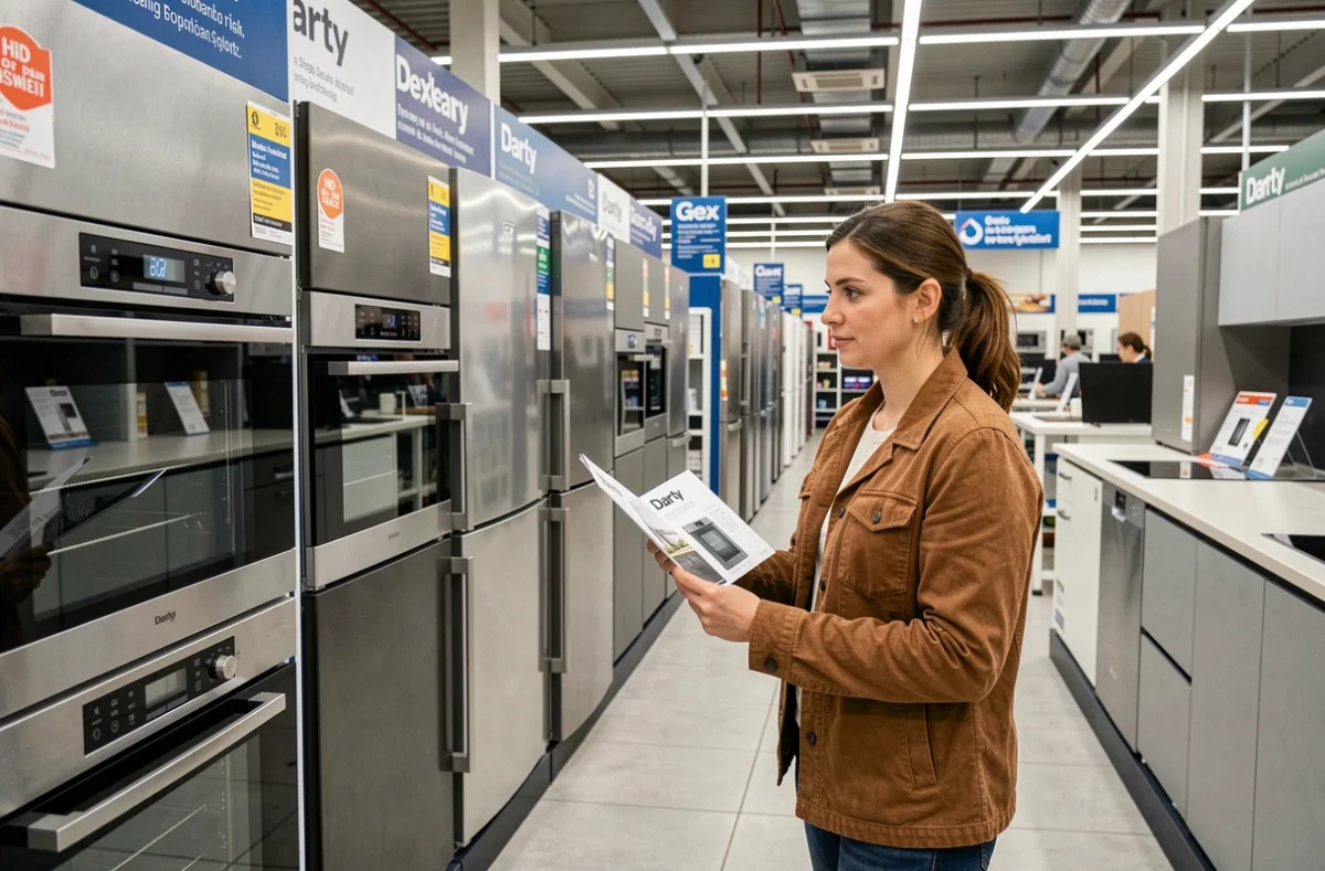 Cliente consultant une brochure devant les cuisines intégrées dans le magasin Darty de Gex
