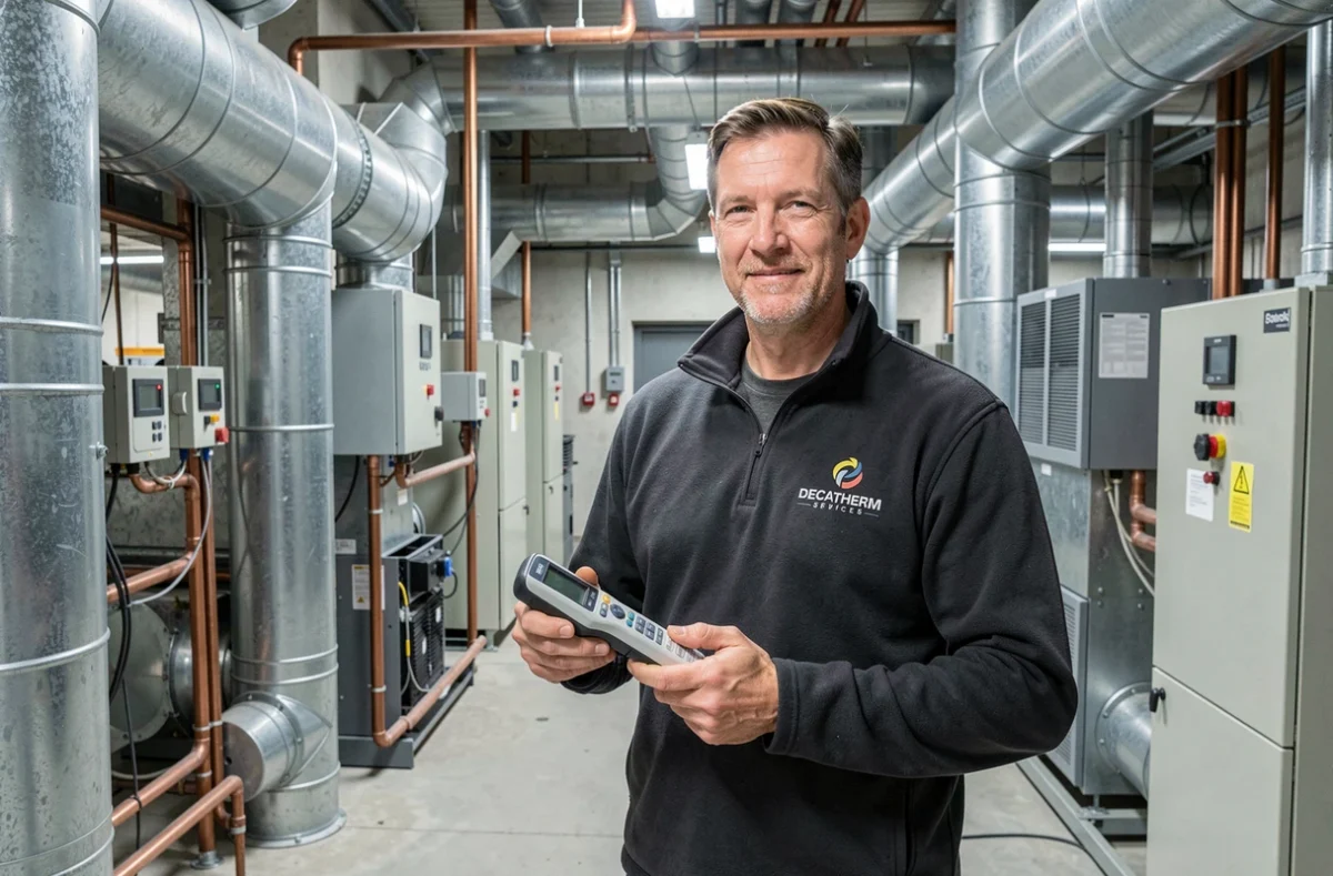 Chef de projet Decatherm Services dans une salle technique avec un système de climatisation professionnel dans un bâtiment commercial du Pas-de-Calais