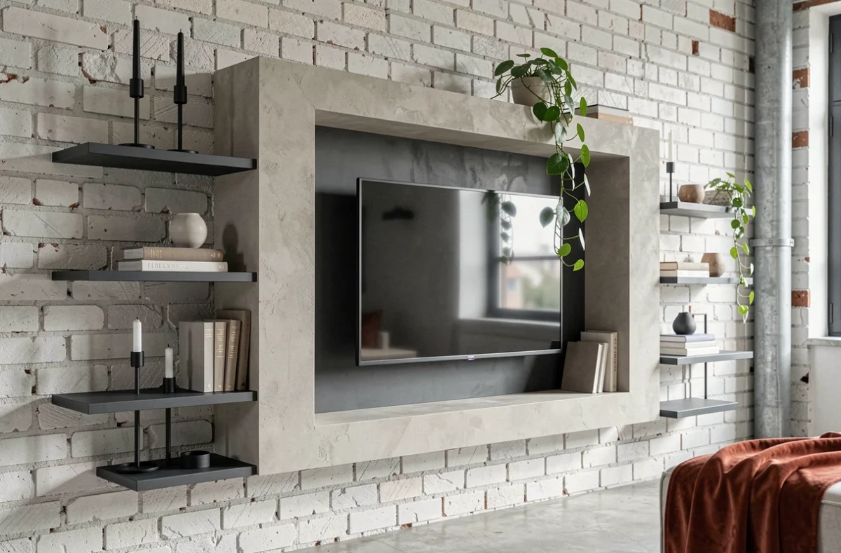 Détail de meuble TV en placo avec niches flottantes et mur de briques blanchies dans un loft parisien de style industriel