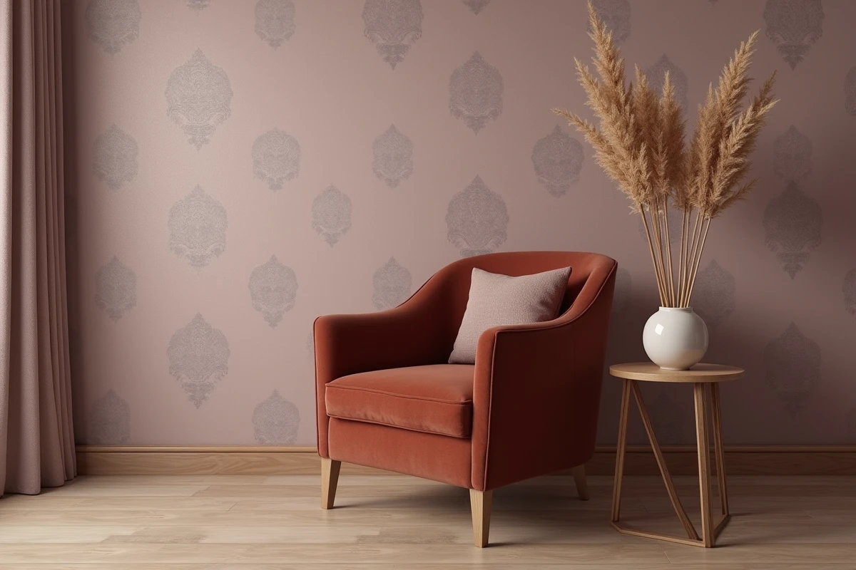 Détail de papier peint mauve poudré à motif damassé dans une chambre adulte avec fauteuil velours terracotta