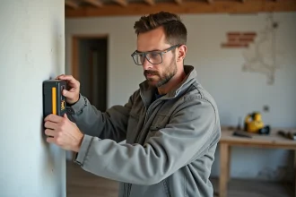 Artisan utilisant un détecteur de montants sur un mur intérieur avant démolition
