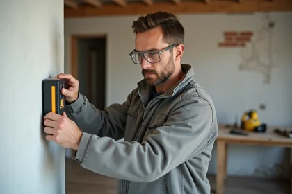 Artisan utilisant un détecteur de montants sur un mur intérieur avant démolition