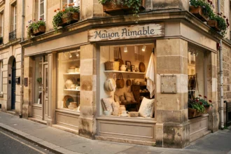 Devanture de la boutique Maison Aimable avec vitrine décorée et enseigne artisanale sur une rue paisible