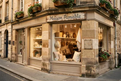 Devanture de la boutique Maison Aimable avec vitrine décorée et enseigne artisanale sur une rue paisible