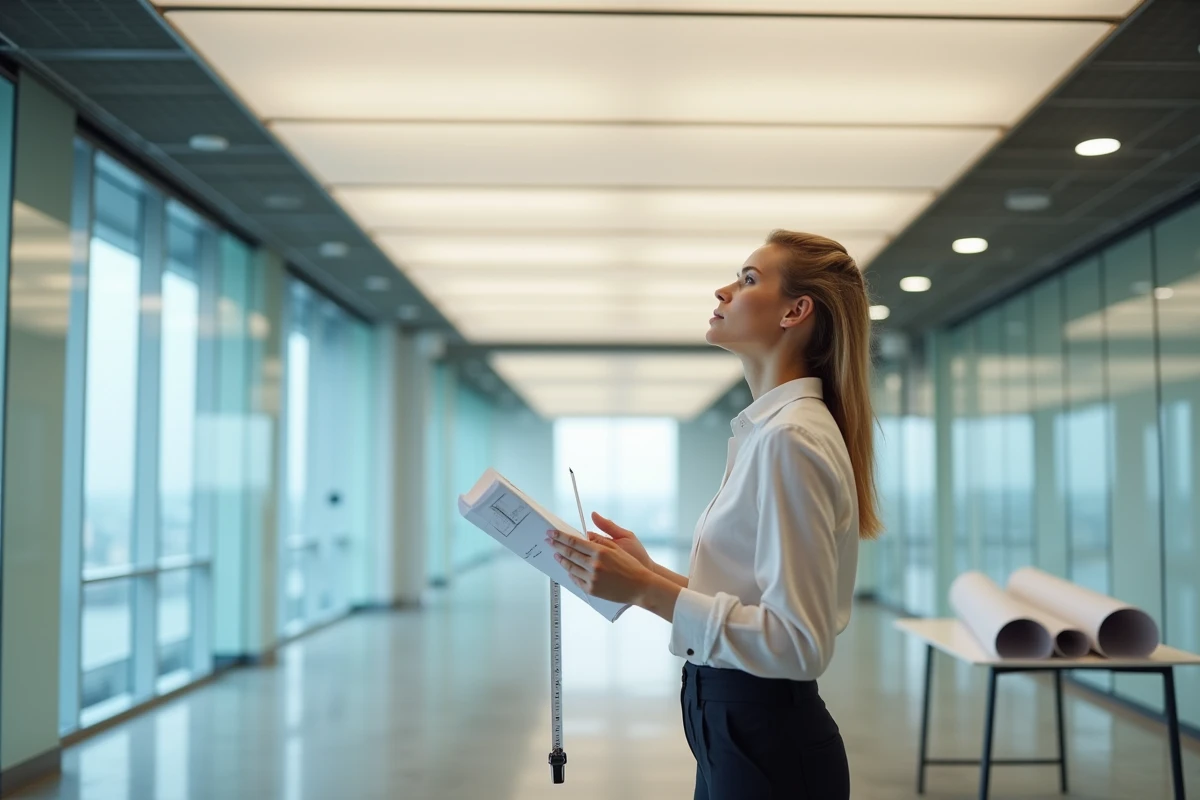 Chargée de projet évaluant le coût d'un plafond tendu dans un bureau commercial moderne