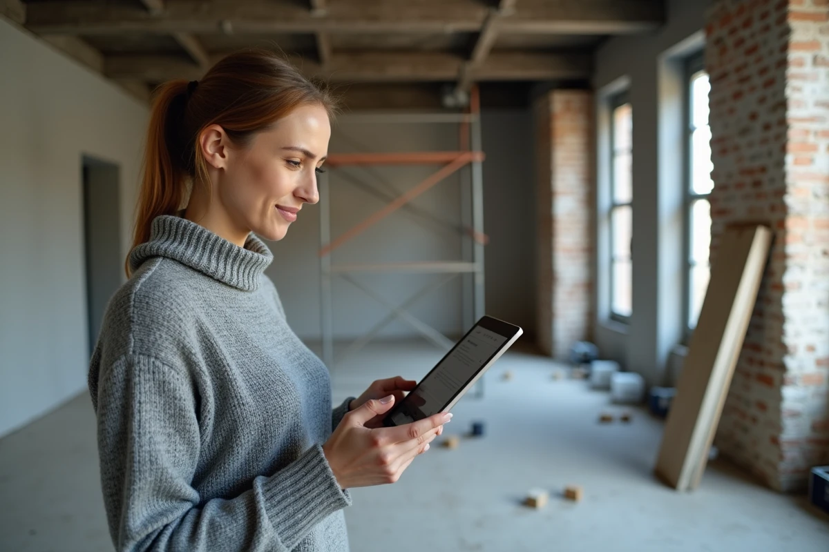 Femme utilisant une tablette pour obtenir un devis travaux en ligne dans un chantier de rénovation