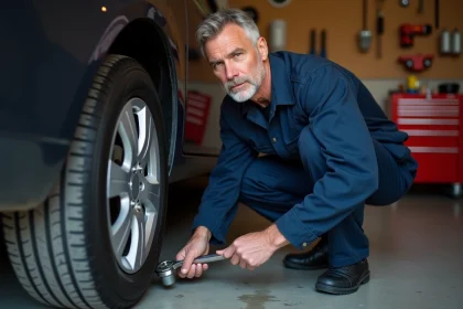 Mécanicien adulte utilisant une clé à douille pour dévisser un boulon de roue de voiture dans un garage