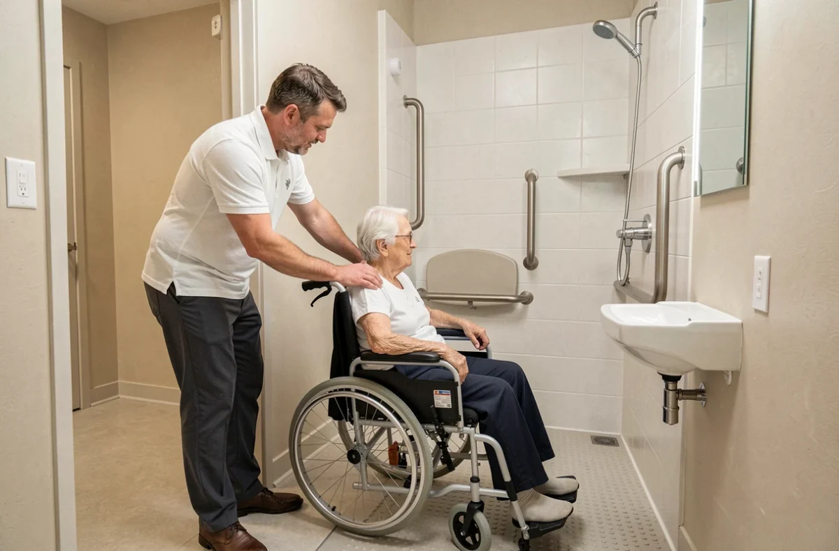 Spécialiste en aménagement PMR présentant une salle de bain adaptée aux personnes à mobilité réduite
