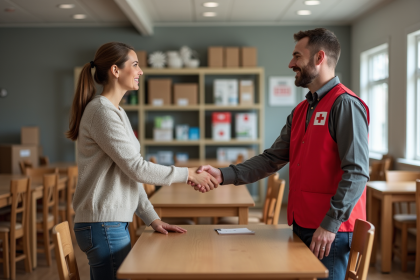 Femme souriante échangeant avec bénévole de la Croix Rouge