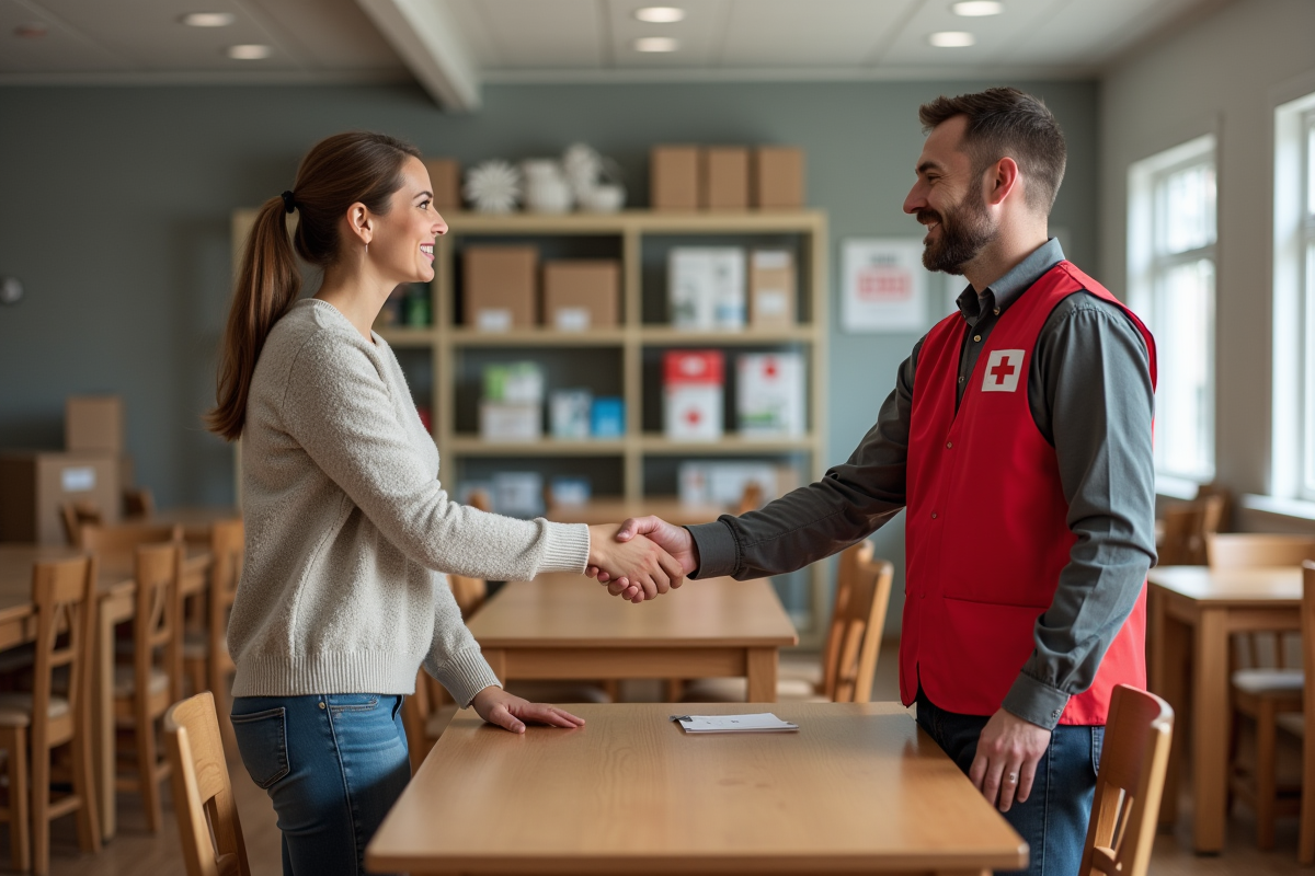 Femme souriante échangeant avec bénévole de la Croix Rouge